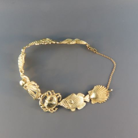14k Gold Beach Bracelet includes turtle starfish lobster octopus crab