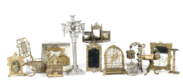 Miniature gilt bird cages and accessories lot Including square based