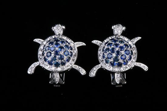 PAIR 14K WHITE GOLD DIAMOND AND SAPPHIRE ARTICULATED TURTLE FORM