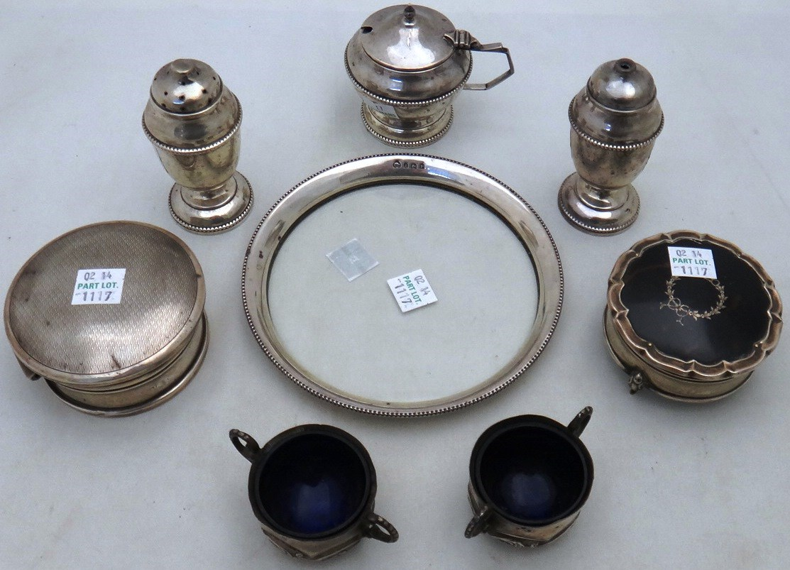 Silver and silver mounted wares comprising a mustard pot a