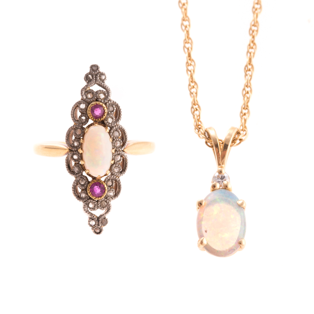 A Lady s 14K Opal Diamond Ring and Pendant 1