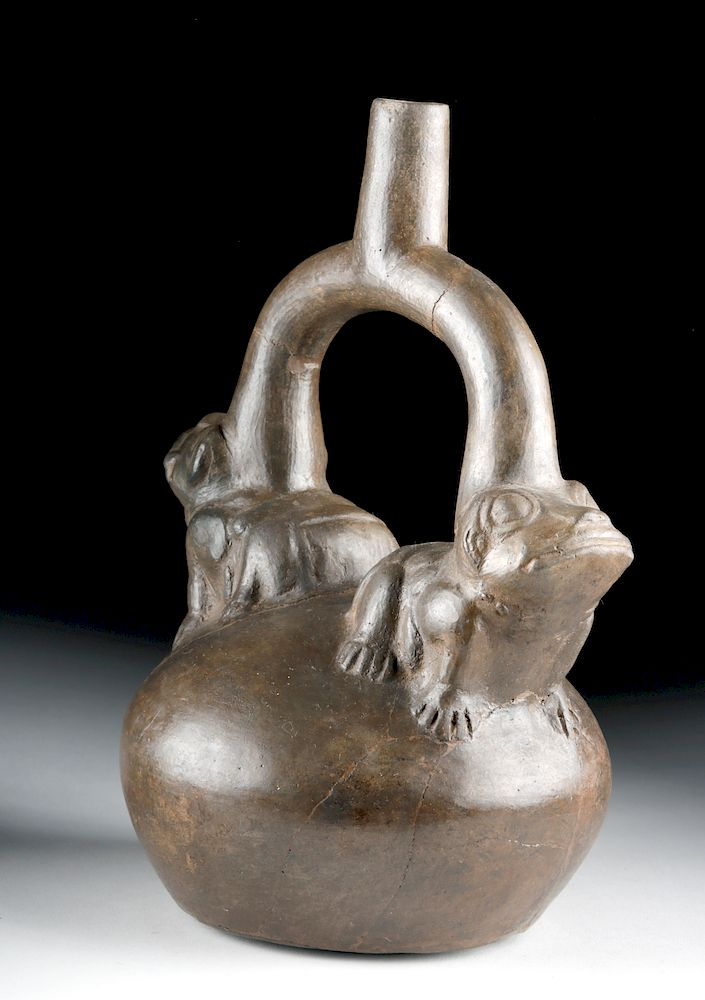 Moche Brownware Stirrup Vessel w Frogs Pre Columbian North Coast