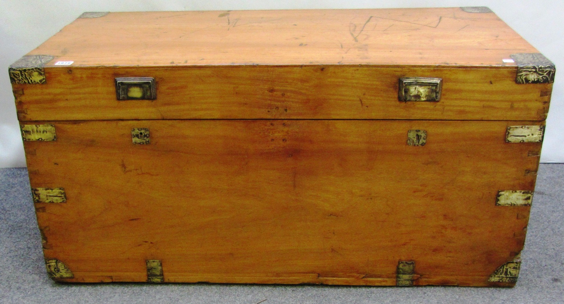 A 19th century brass bound rectangular camphor wood trunk with