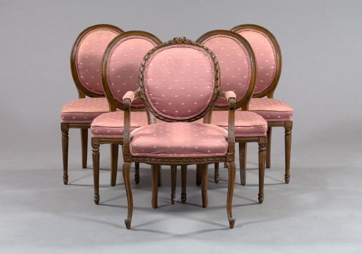 Harlequin Suite of Five Louis XVI Style Fruitwood Chairs early