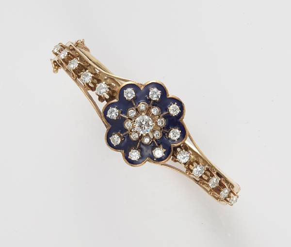 A diamond and blue enamel bangle bracelet estimated total diamond