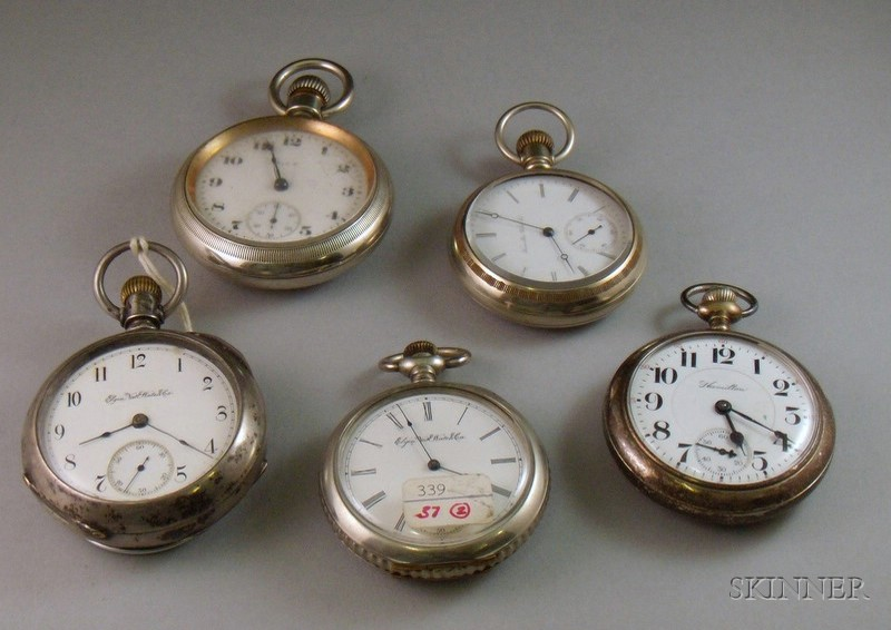 Three Elgin and Two Hamilton Open Face Pocket Watches including