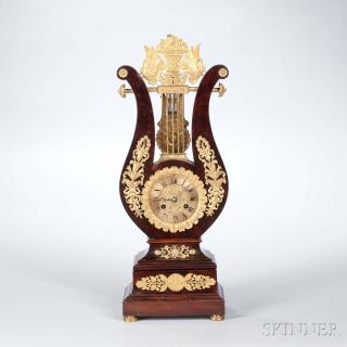 Ormolu mounted Mahogany Veneered Lyre Mantel Clock France c 1850