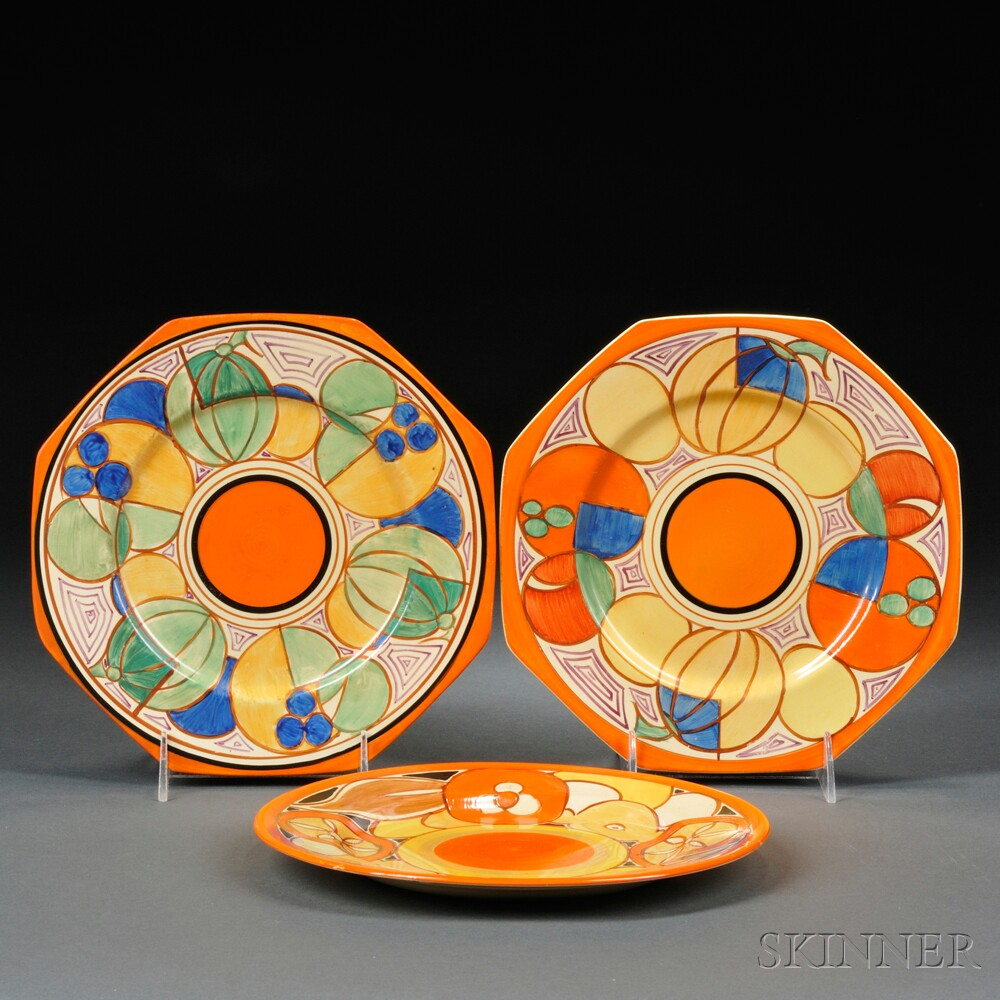 Three Clarice Cliff Hand painted Plates England c 1930 each