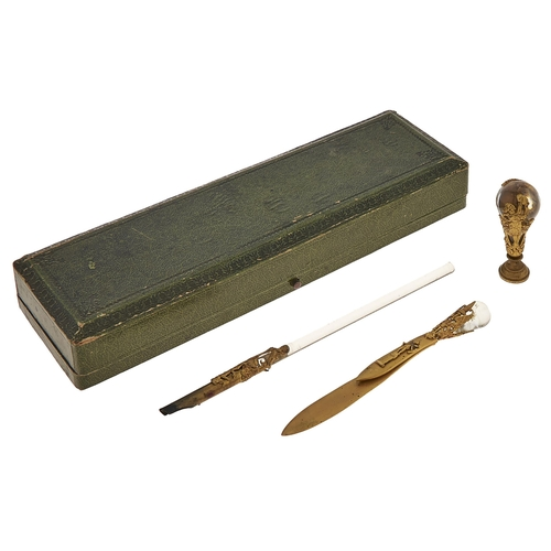 A French giltmetal mounted glass desk set c1900 comprising standing