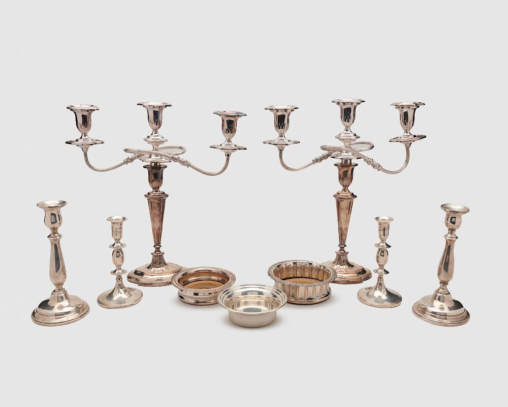Assemblage of American and English Silver Wine Coasters and Weighted