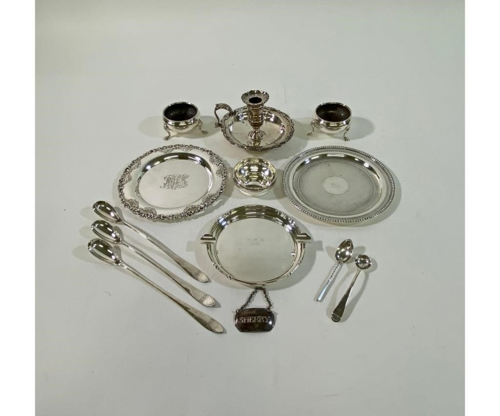 English sterling silver tableware to include a chamberstick missing snuffer