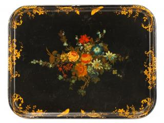 English Hand Painted Floral Papier Mache Tray English 19th century