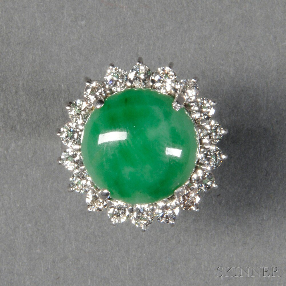 Platinum Gold Ring with Jadeite Inset a round cabochon with