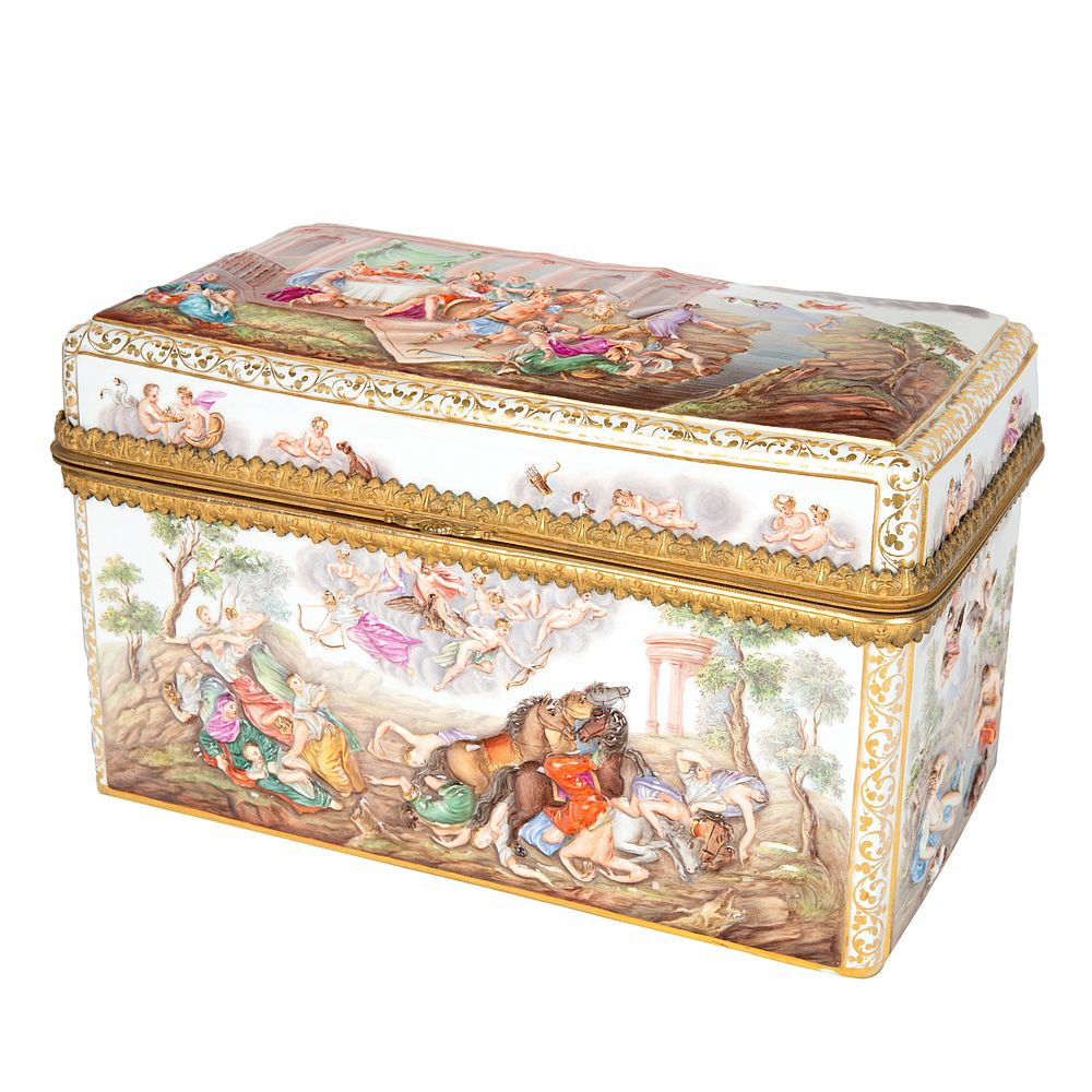 A GERMAN ORMOLU MOUNTED LARGE PORCELAIN CAPODIMONTE STYLE BOX MEISSEN