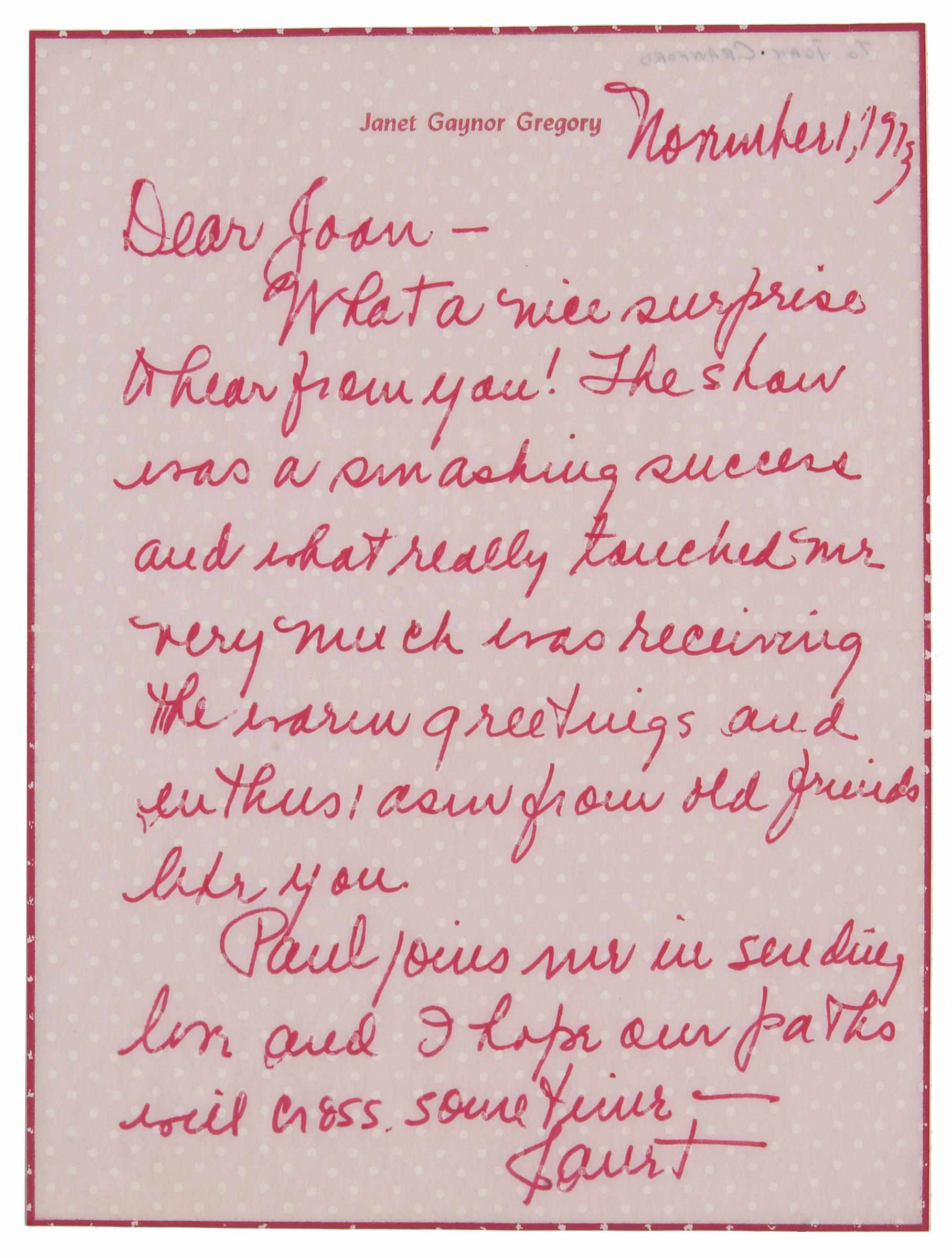GAYNOR JANET 1906 1984 1 2 Autograph Letters Signed Janet