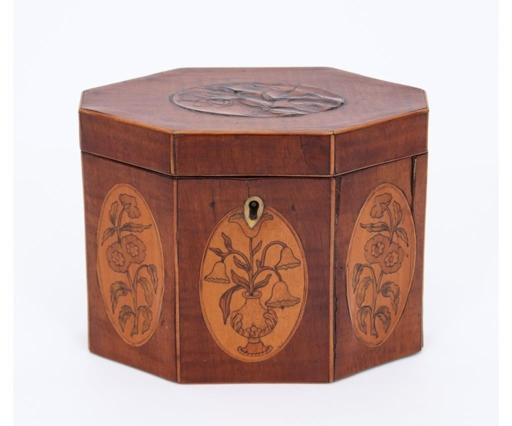 Georgian satinwood inlaid tea caddy circa 1790 with Chinese paper