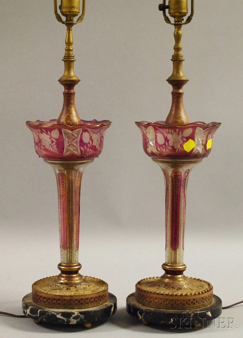 Pair of Bohemian Gilt Pale Amethyst Flash and Colorless Cut