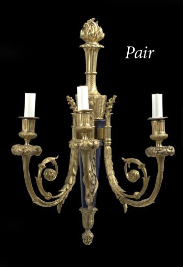 Pair of French Gilt Bronze and Cobalt Blue Enameled Three