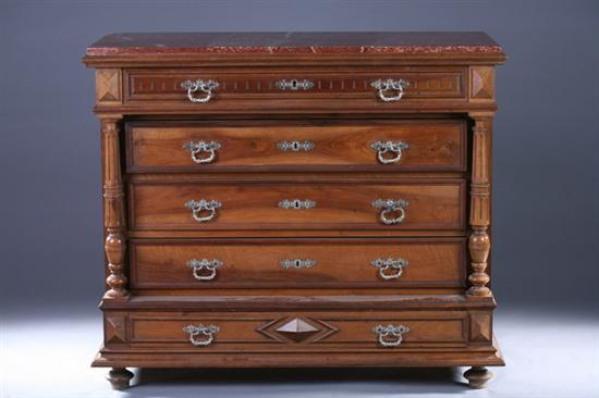 FRENCH PROVINCIAL MARBLE TOP WALNUT COMMODE Late 19th Century Projecting