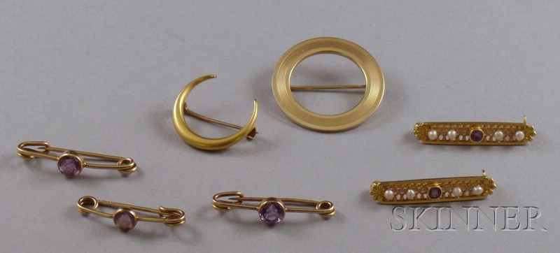 Small Group of Gold Pins Brooches including a pair of