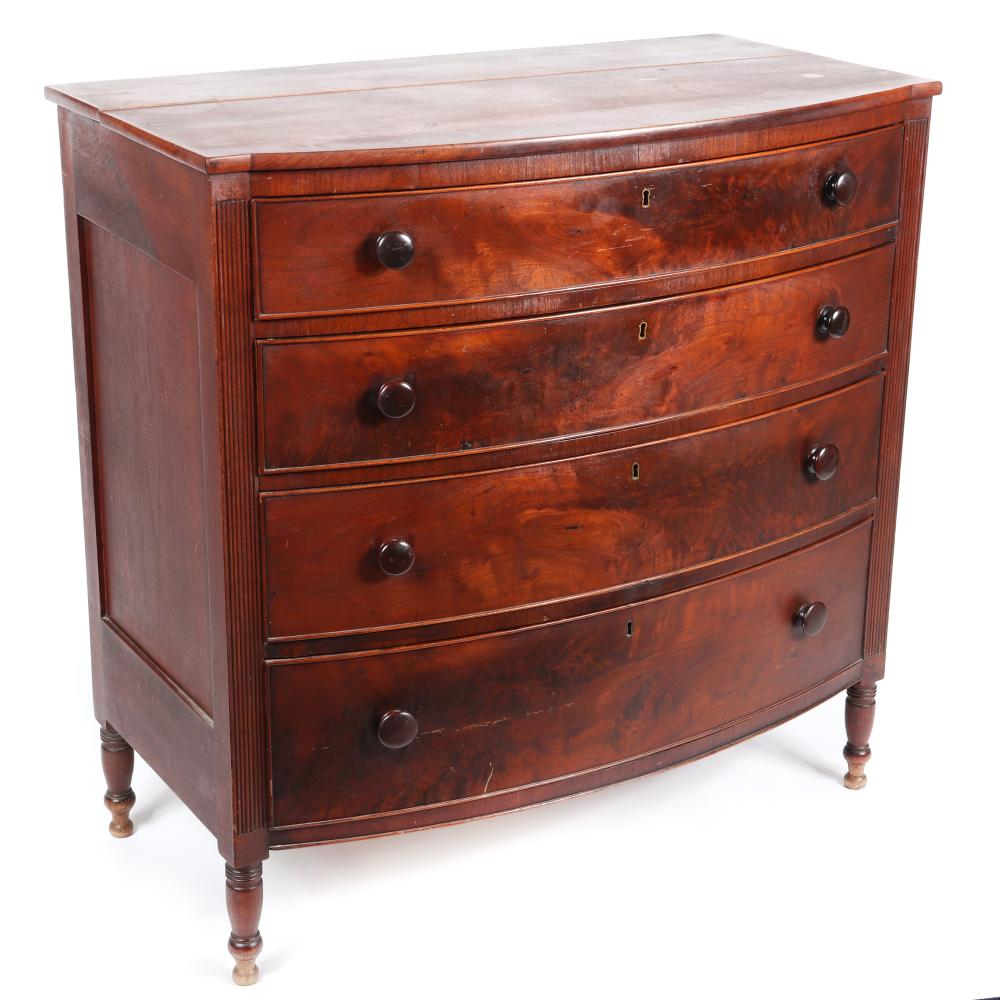 AMERICAN LATE FEDERAL SHERATON BOW FRONT CHERRY WOOD FLAME GRAIN