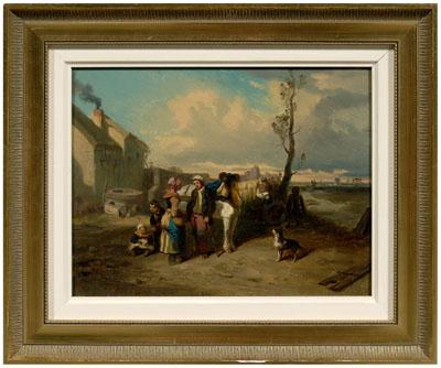 Painting signed Dumoulin family with horse and dog near a