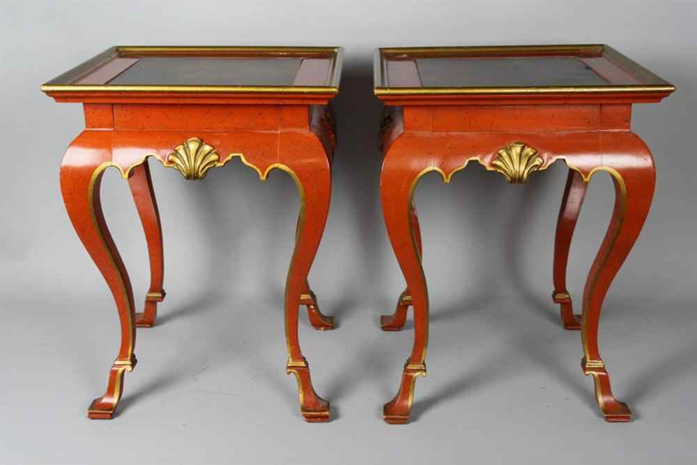 PAIR OF CONTINENTAL ROCOCO STYLE ORANGE PAINTED PARCEL GILT SIDE