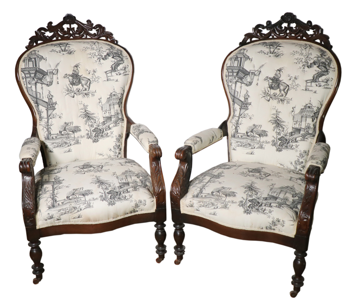 PR OF ARMCHAIRS Pair 19th c carved Victorian armchairs with