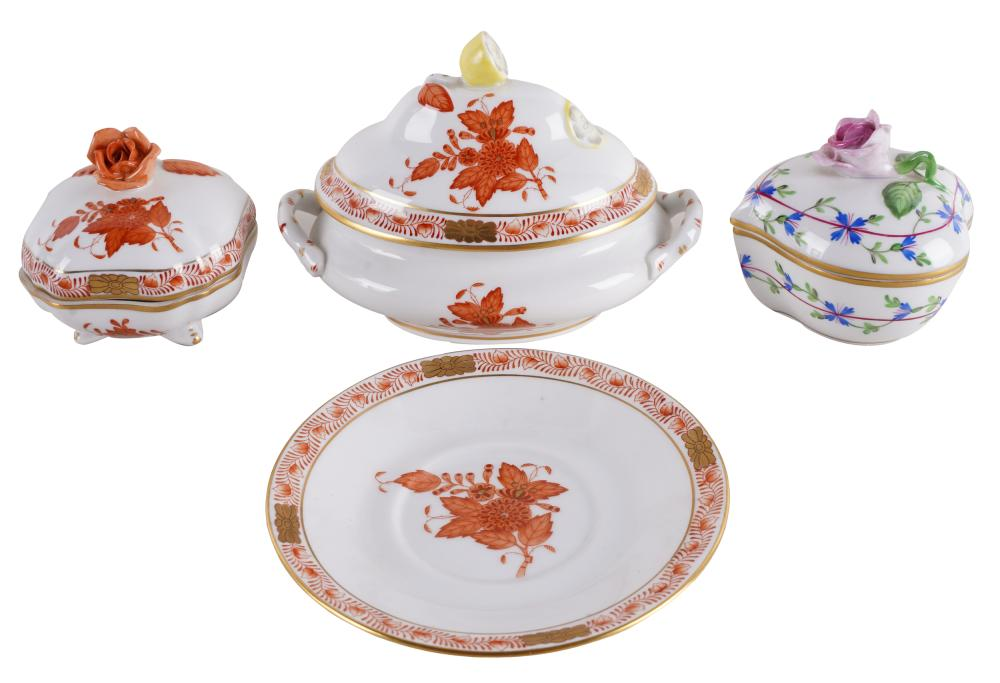 FOUR HEREND PORCELAIN PIECESprinted and painted factory marks ring dish