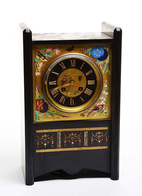 AN AESTHETIC SLATE AND PAINTED MANTLE CLOCK the black chapter