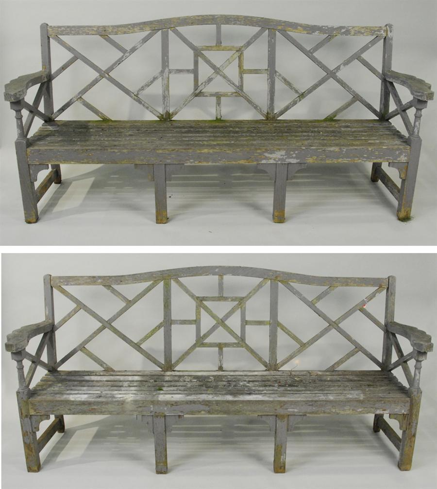 PAIR OF WOODEN GARDEN BENCHES with lattice work backs length