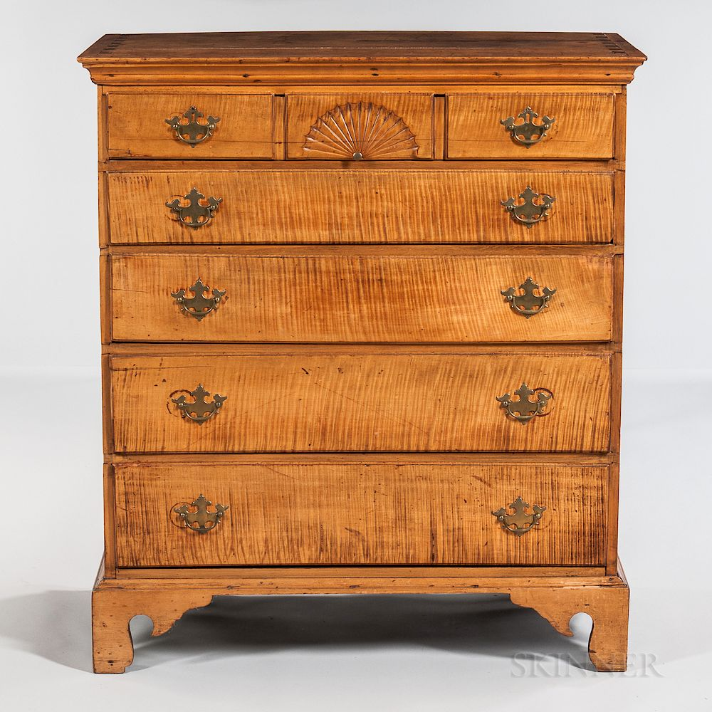 Carved Tiger Maple Tall Chest of Five Drawers Carved Tiger