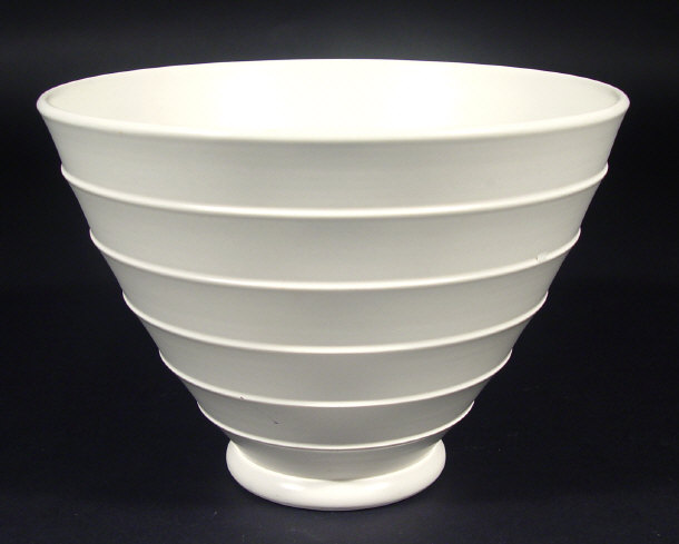 Wedgwood Keith Murray white glazed conical vase with carved banding