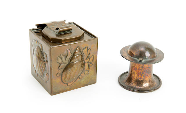 A Newlyn School Copper inkwell Of cylindrical form with pierced