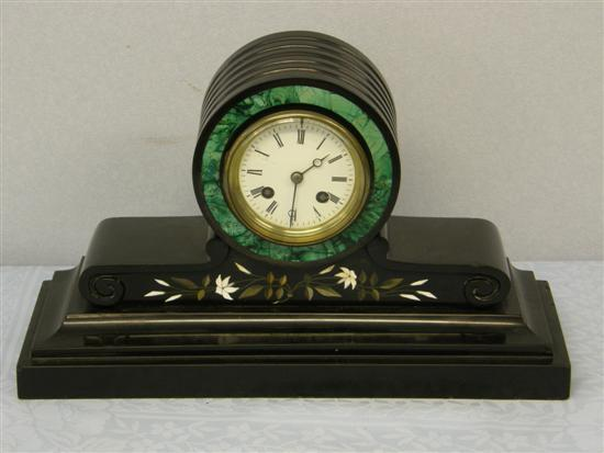 19th century polished slate and malachite mantel clock barrel shaped