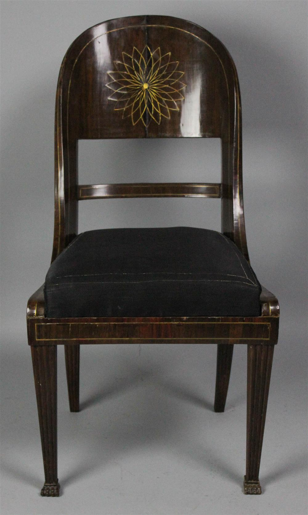 RUSSIAN NEOCLASSICAL BRASS INLAID ROSEWOOD GONDOLA FORM SIDE CHAIR MID