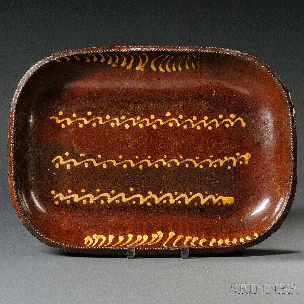 Large Slip decorated Redware Loaf Dish early 19th century oblong