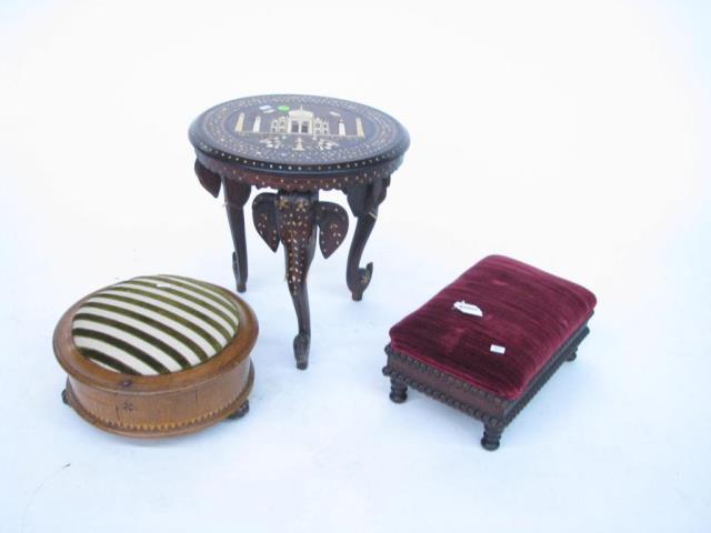 A group of small stools including Victorian walnut with red