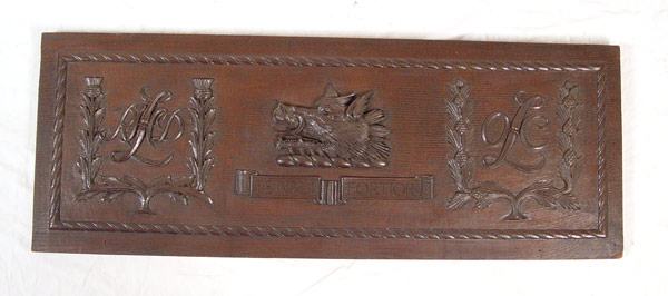 SCOTTISH CARVED WILD BOAR FEROCI FORTIOR PLAQUE Carved thistles monograms