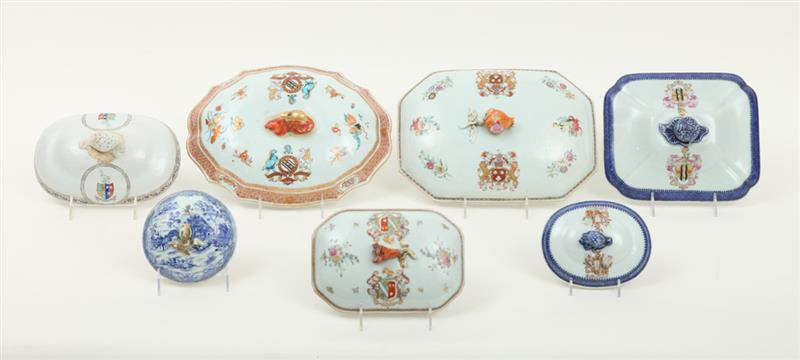 GROUP OF SEVEN CHINESE EXPORT ARMORIAL PORCELAIN TUREEN COVERS Comprising