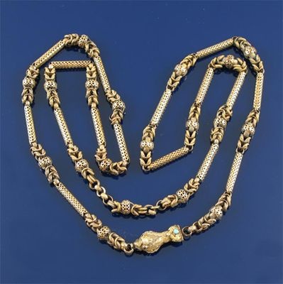 A fine Regency gold longuard chain The pierced hollow cylindrical