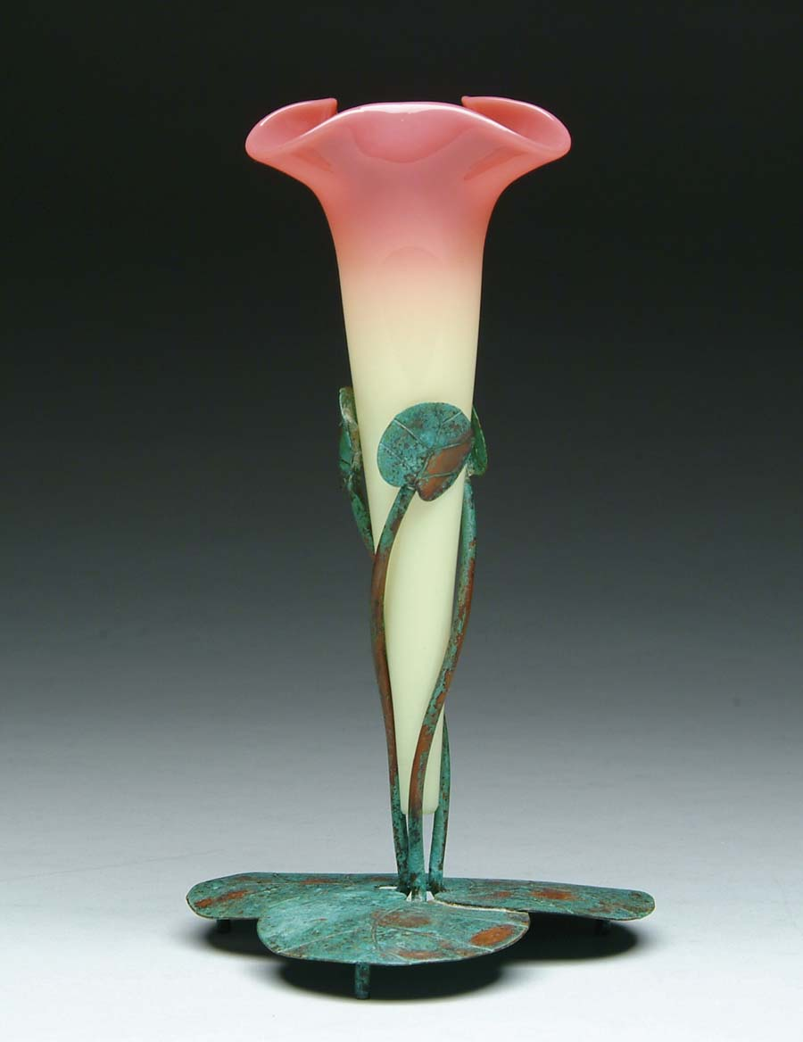 BURMESE TRUMPET VASE IN METAL HOLDER Lovely Burmese glass insert