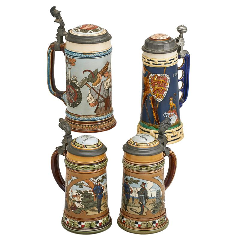 METTLACH ETCHED STEINS Four Numbers 2639 liter two 2031 half