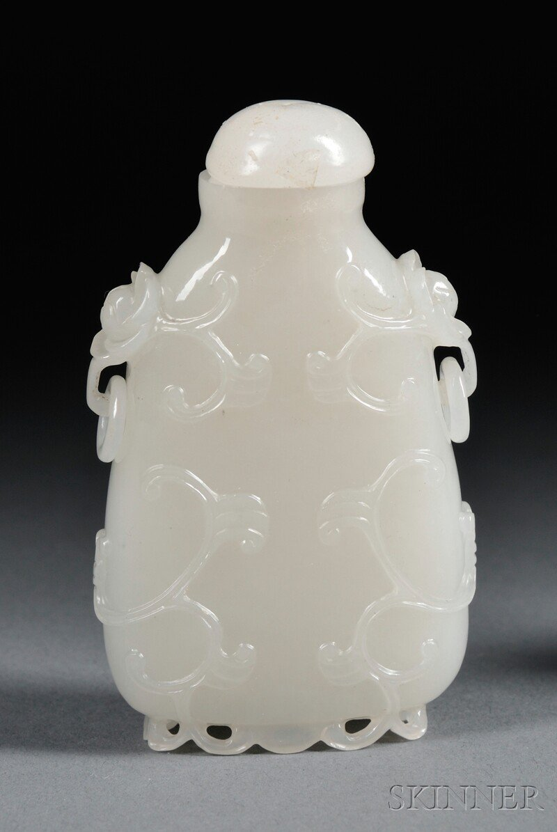 Glass Snuff Bottle China 20th century flattened tapered form carved