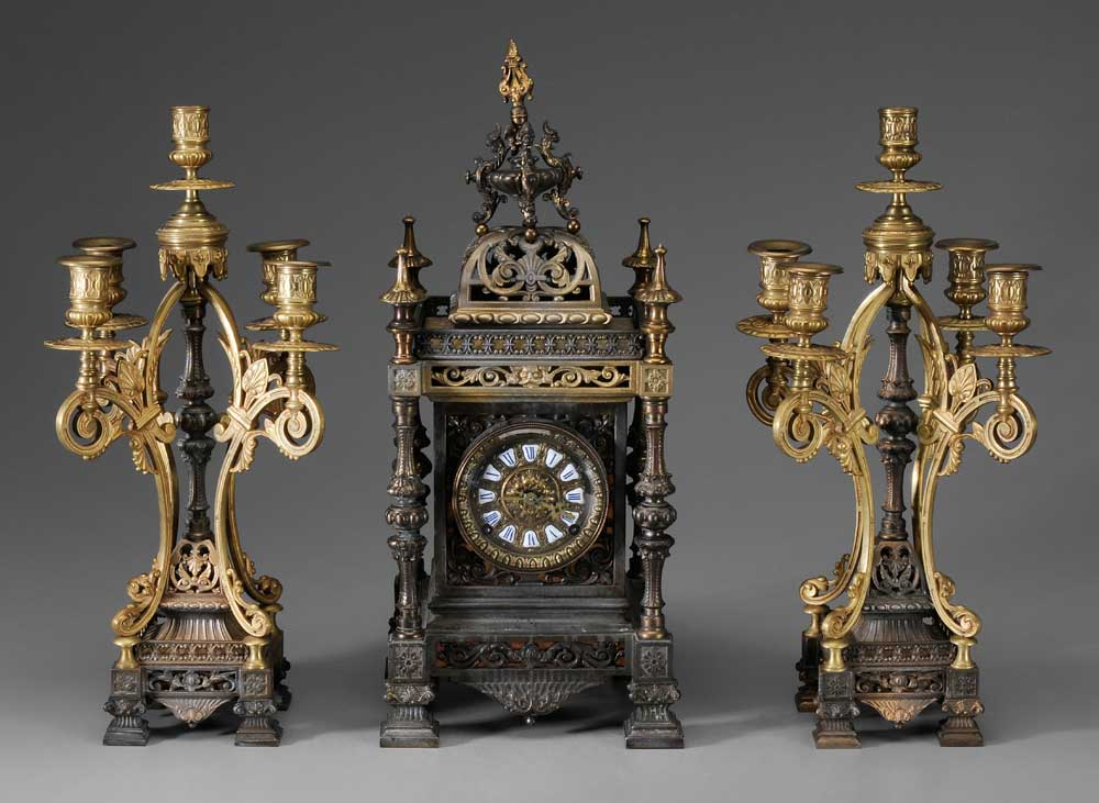 Renaissance Revival Clock and Garniture Pair Sconces key wind clock
