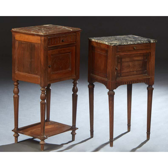 Two French Henri II Style Carved Walnut Marble Top Nightstands