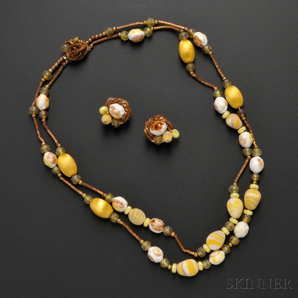 Vintage Schaperelli Costume Necklace and Earclips composed of yellow thread