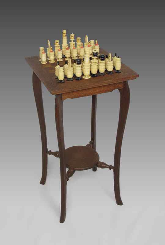 CARVED IVORY CHESS SET WITH TABLE Inlaid chess board top