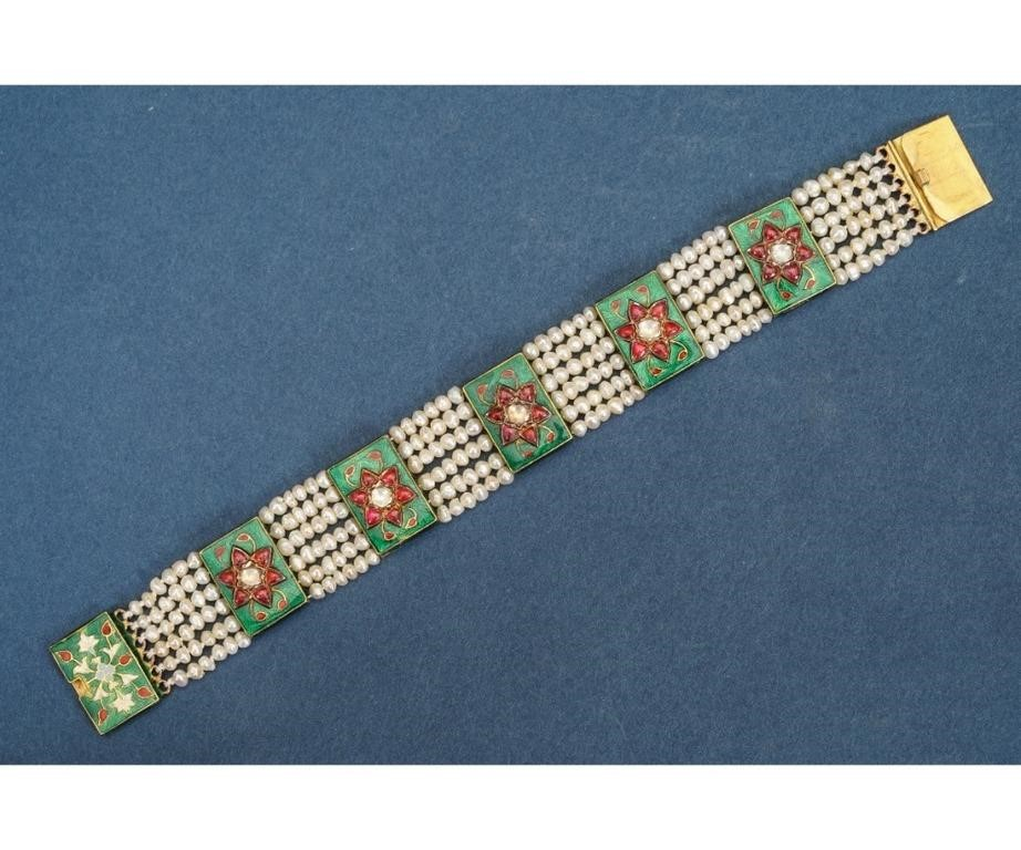High karat gold seed pearl sapphire and polychrome enamel bracelet