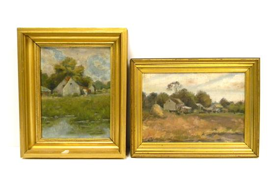 Two unsigned American Impressionist style farm scenes in gilt frames